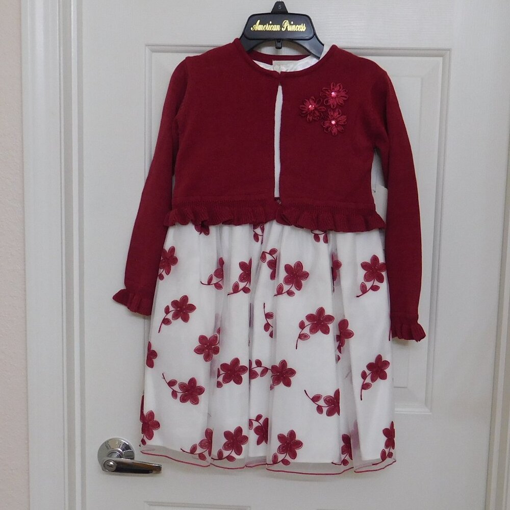 NWT American Princess Ivory Wine Floral Overskirt Dress with Shrug sz 6X
